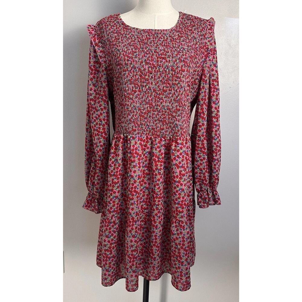 Strawberry Ditsy Floral Mini Dress Smocked Pink Cottagecore Coquette Ruffles XL